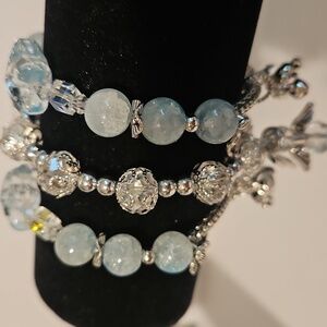 3 Silvertone & Seafoam Glass Beads & Charms Stretch Bracelets